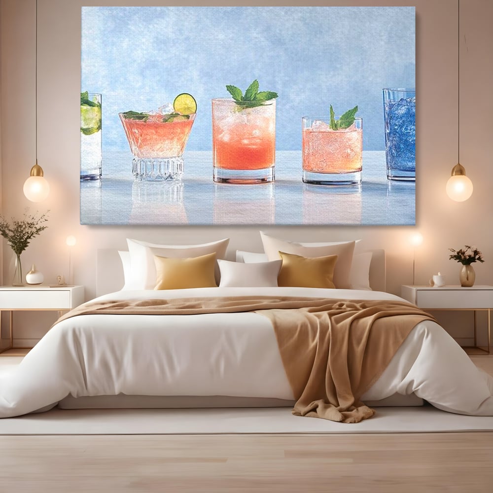 Tablou canvas cu tablou canvas cu cinci pahare de cocktail, fara rama, pe sasiu de lemn, pe perete intr-un dormitor